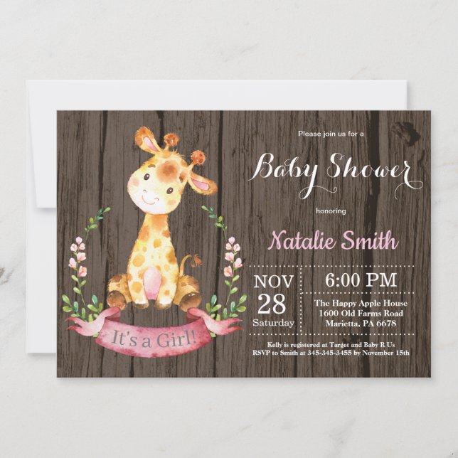 Rustic Girl Giraffe Baby Shower-inbjudan Inbjudningar (Framsida)