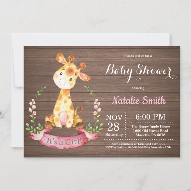 Rustic Girl Giraffe Baby Shower-inbjudan Inbjudningar (Framsida)