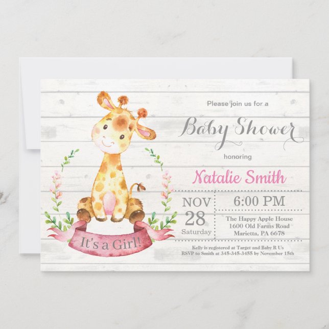 Rustic Girl Giraffe Baby Shower-inbjudan Inbjudningar (Framsida)