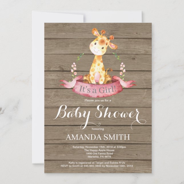 Rustic Girl Giraffe Baby Shower-inbjudan Inbjudningar (Framsida)