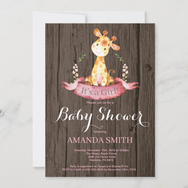Rustic Girl Giraffe Baby Shower-inbjudan Inbjudningar (Framsida)