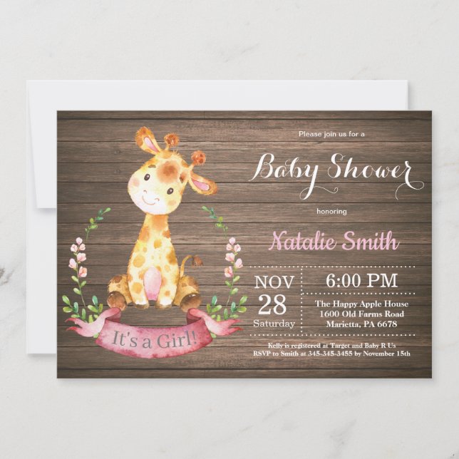 Rustic Girl Giraffe Baby Shower-inbjudan Inbjudningar (Framsida)