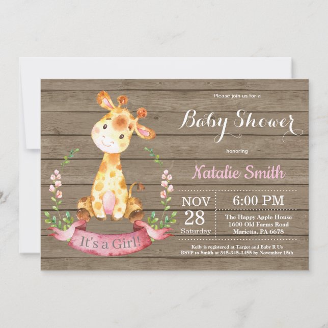 Rustic Girl Giraffe Baby Shower-inbjudan Inbjudningar (Framsida)