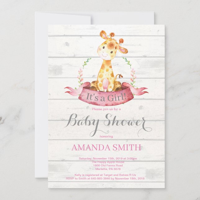 Rustic Girl Giraffe Baby Shower-Rosa Inbjudningar (Framsida)