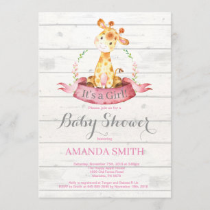 Rustic Girl Giraffe Baby Shower-Rosa Inbjudningar