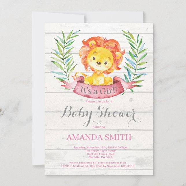 Rustic Girl Lejonare Baby Shower Rosa Inbjudningar (Framsida)