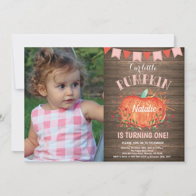 Rustic Girl Pumpkin Birthday Inbjudan Rosa (Framsida)