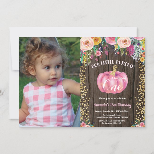 Rustic Girl Pumpkin First Birthday Blommigt Guld Inbjudningar (Framsida)