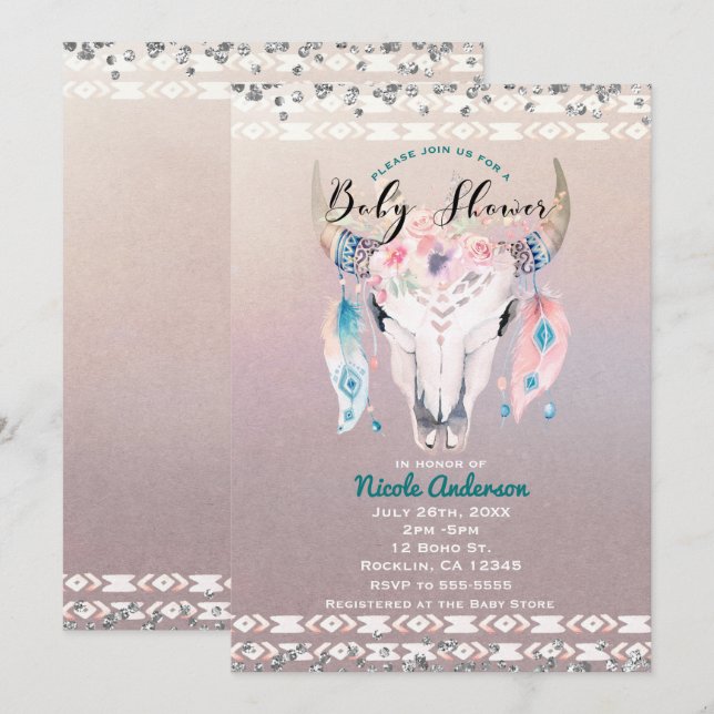 Rustic Glam Boho Blommigt Cow Skull Baby Shower Inbjudningar (Fram/baksida)