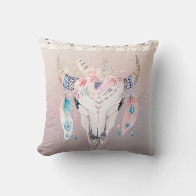 Rustic Glam Boho Blommigt Cow Skull & fjädrar Kudde (Framsida)