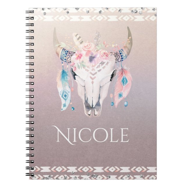 Rustic Glam Boho Blommigt Cow Skull Iridescent Anteckningsbok Med Spiral (Framsidan)