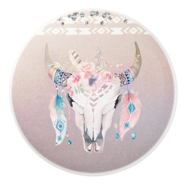 Rustic Glam Boho Blommigt Cow Skull Iridescent Knopp (Framsidan)