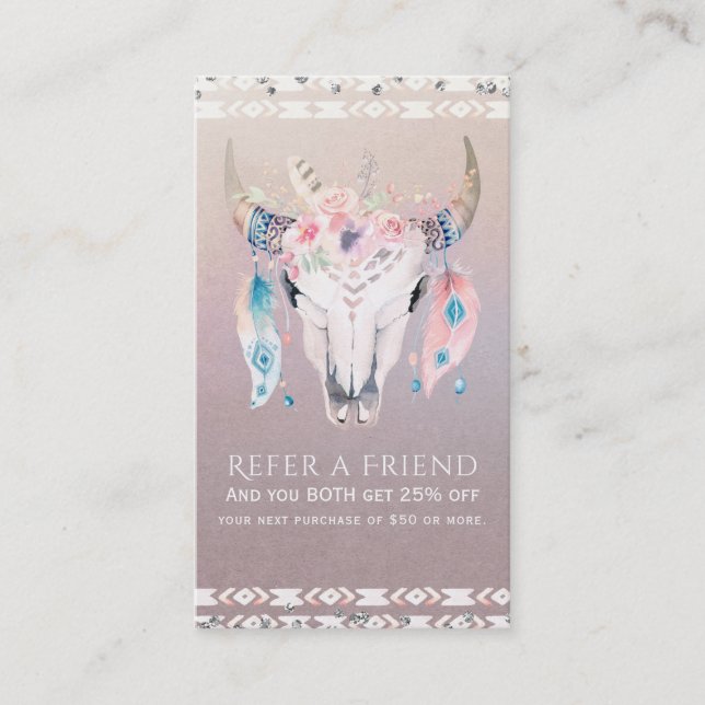 Rustic Glam Boho Blommigt Cow Skull Reflekterar en Rabattkort (Framsida)