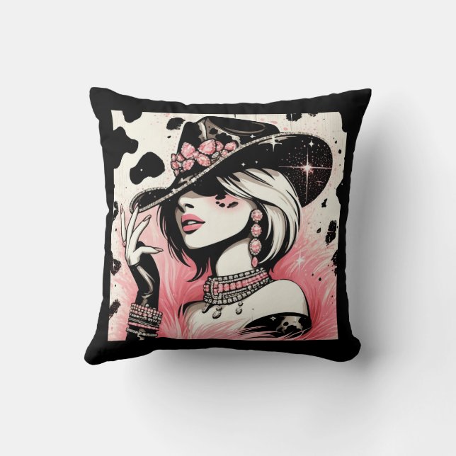Rustic Glam Cowgirl Rosa Gnistra Cowhide Print Kudde (Baksida)