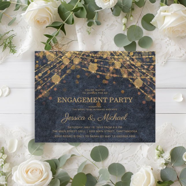 Rustic Glam Guld String Ljus Förlovningsfest Vykort (Navy blue and gold string lights rustic glam engagement party invitation postcard)