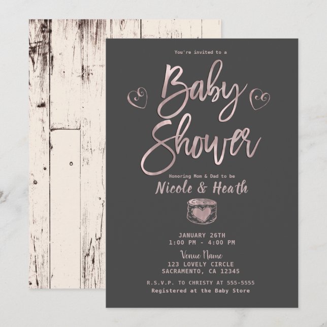 Rustic Glam Ro Guld Rosa Grått Baby Shower Inbjudningar (Fram/baksida)