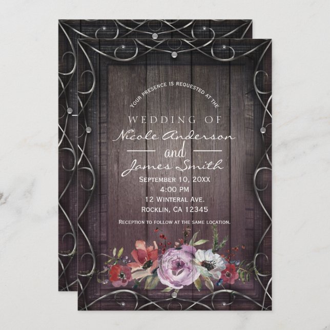 Rustic Glamor Barn Wood Flourish & Blommigt Bröllo Inbjudningar (Fram/baksida)