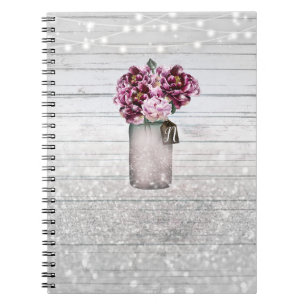 Rustic Glamor Wood & Burgundy Mason Burk Flowers Anteckningsbok Med Spiral