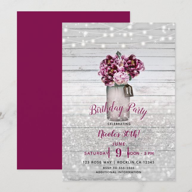 Rustic Glamor Wood & Burgundy Mason Burk Flowers Inbjudningar (Fram/baksida)