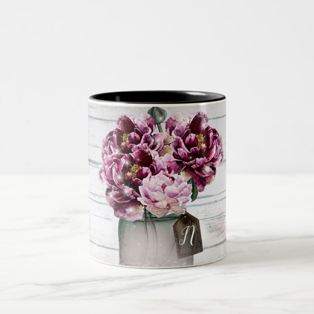 Rustic Glamor Wood & Burgundy Mason Burk Flowers Två-Tonad Mugg (Center)