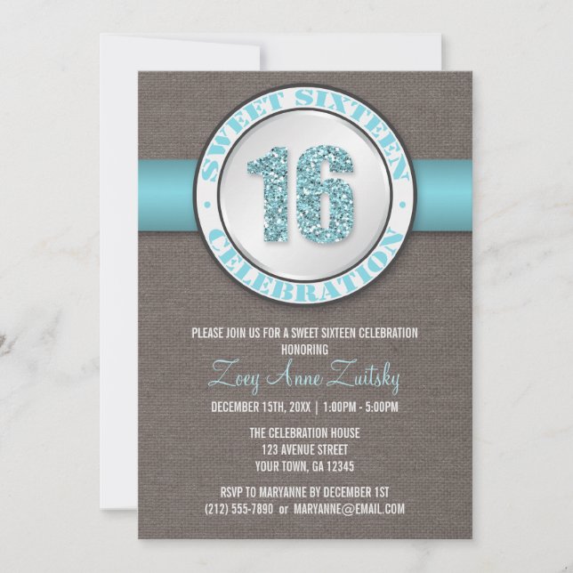 Rustic Glitter Aqua Blue Sweet 16 inbjudningar (Framsida)