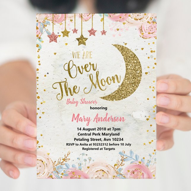 Rustic Glitter Guld Måne Baby Shower för flicka Inbjudningar (Skapare uppladdad)