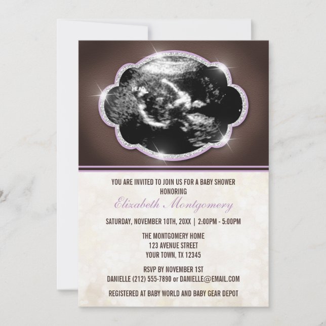 Rustic Glitter Lila Sonogram Babyskor Inbjudningar (Framsida)