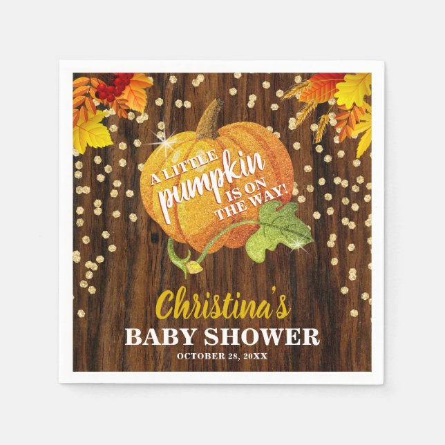 Rustic Glitter Pumpkin Fall Neutralt Baby Shower Pappersservett (Framsidan)