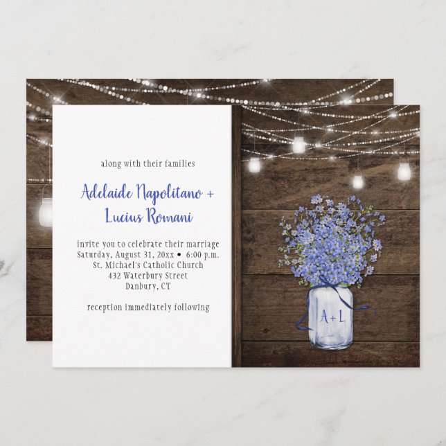 Rustic Glöm mig Nots Mason Burk String Ljus Inbjudningar (Fram/baksida)