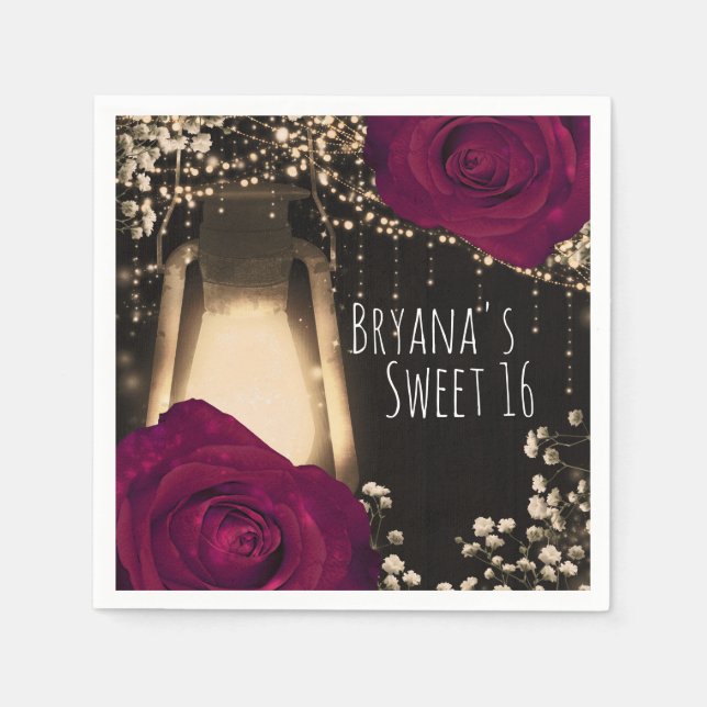 Rustic Glow Lantern Magenta Berry Ro Bröllop Pappersservett (Framsidan)