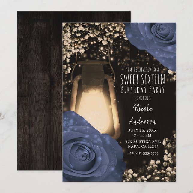Rustic Glow Lantern & Steele Blue Ro Sweet 16 Inbjudningar (Fram/baksida)