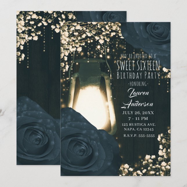 Rustic Glow Lykta & Blå Svarta Rosor Sweet 16 Inbjudningar (Fram/baksida)