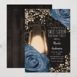 Rustic Glow Lykta Dammigt Blå Rosor Sweet 16 Inbjudningar