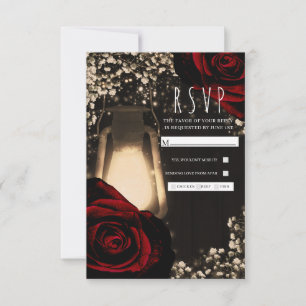 Rustic Glow Lykta & Mörkröda Rosor Bröllop RSVP OSA Kort