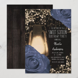 Rustic Glow Lykta & Steele Blå Rosor Sweet 16 Inbjudningar
