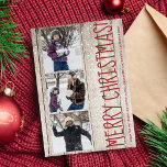 Rustic God jul 3 Fotografier collage lä Julkort<br><div class="desc">Rustic land stil vinterkort för helgdagar som hälsar på ett ljusbeige,  naturligt ladträ med fallande snö med en kollage av tre foton,  en stor röd "God jul!" redigerbar text och din namnteckning.</div>