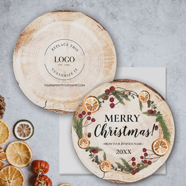 Rustic God jul foliage Business logotyp Inbjudningar (Unique round corporate rustic holiday card with logo, business name and year.)