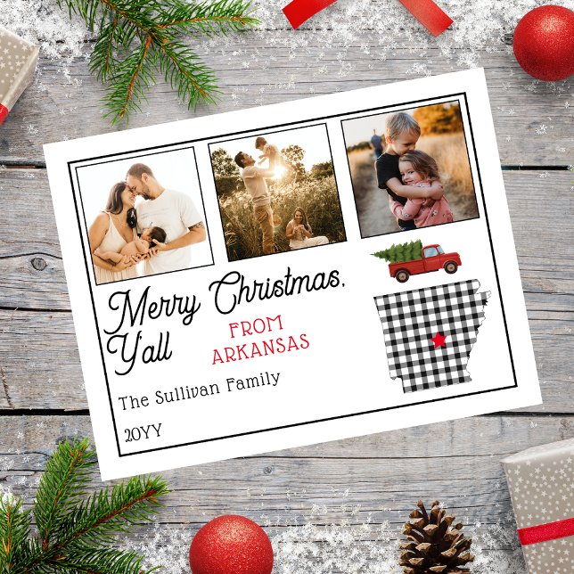 Rustic God jul från Arkansas Photo Helgdag Helg Vykort (Rustic "Merry Christmas Y'all from Arkansas" Three Photo and State Holiday Postcard)