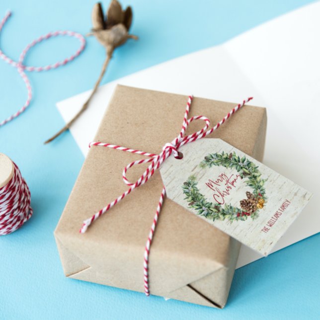 Rustic God jul Script WandeBirch Bark Presentetikett (Add an extra dash of sparkle and personality with these Christmas gift tags!)