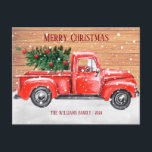 Rustic God jul Träd Vintage Red Lastbil Namn Helg Vykort<br><div class="desc">Den här roliga vintage-röda julkortet i lastbil har en rosenröd lastbil med Julgran och snö på träbakgrund. Anpassa med anpassningsbarna hälsning och namn.</div>