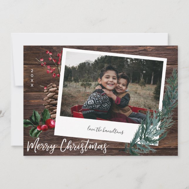 Rustic God jul- Wood & Instant Photo Invi Inbjudningar (Framsida)