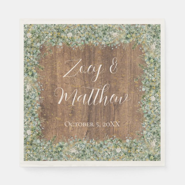 Rustic Gold Eucalyptus & White Floral Wedding Pappersservett (Framsidan)