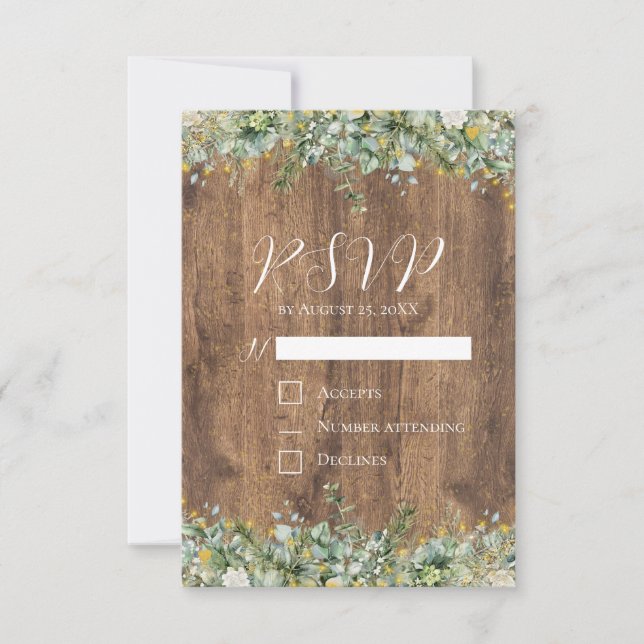 Rustic Gold Eucalyptus & White Floral Wedding RSVP Inbjudningar (Framsida)