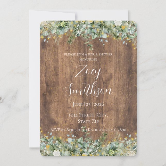 Rustic Gold Eucalyptus & White Floral Wood Bridal Inbjudningar (Framsida)