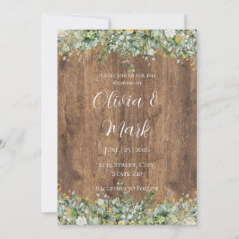 Rustic Gold Eucalyptus & White Floral Wood Wedding Inbjudningar