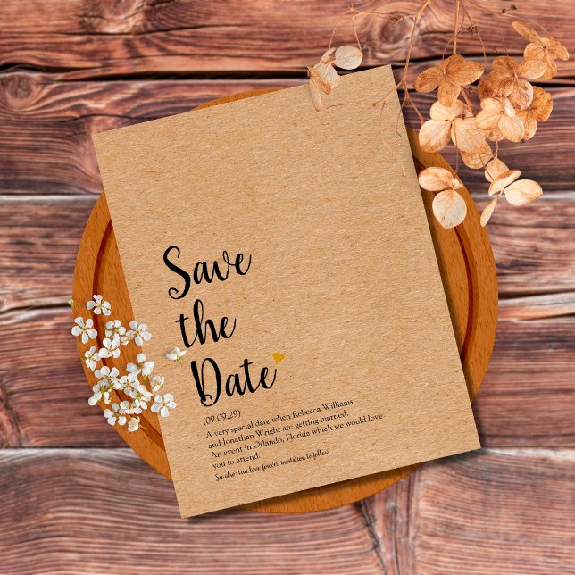 Rustic Gold Heart Script Spara Datum Definition Vykort (Skapare uppladdad)