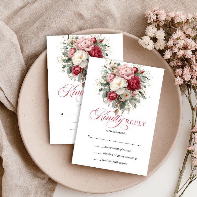 Rustic Gold Red Blush Floral Wedding RSVP Card OSA Kort (Rustic Gold Red Blush Floral Wedding RSVP Card)