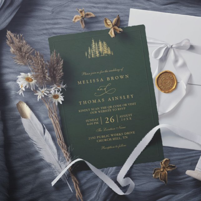 Rustic Gold Trees Pine Minimalist QR Code Wedding  Inbjudningar (Skapare uppladdad)