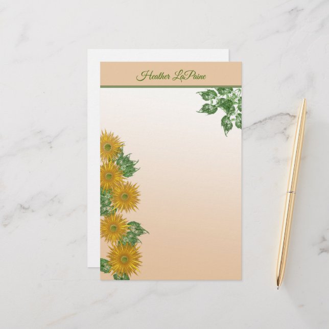 Rustic Golden Flowers, Greenery och Leafy Gräns Brevpapper (Fram/Back In Situ)