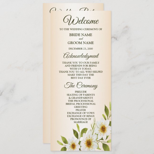 Rustic Golden Frame White Floral Peach Wedding Program (Fram/baksida)